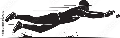 Cricket Fielder Diving Catch Silhouette – Professional Cricketer Fielding Action Black Vector Illustration