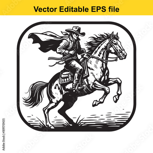  vector cowboy riding horse isolated on white background in dynamic pose