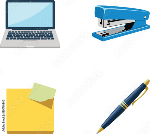 Laptop stapler pen and sticky notes on a white background computer notebook