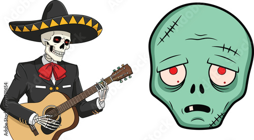 PrintMexican mariachi skeleton musician playing acoustic guitar and spooky green zombie head with red eyes and stitches for Halloween or Day of Dead