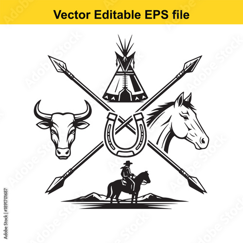  western themed vector illustration with cowboy, horse, bull, and teepee