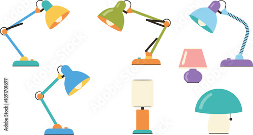 Colorful desk and table lamp illustrations, modern lighting set, minimal flat design lamps, home office interior decor icons