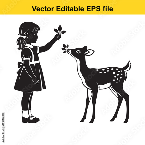  black silhouette of a little girl feeding a deer leaves isolated on white background