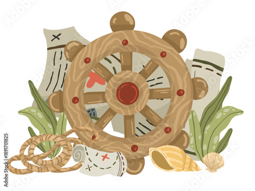 A professional composition of pirate tools: a treasure map, spyglass, anchor with rope, ship wheel, and a message in a bottle. Ideal for educational materials, game design