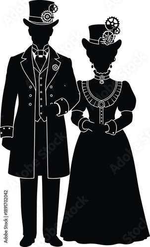 PrintSilhouette vector illustration of steampunk Victorian couple in elaborate attire with gears, hats and accessories, creative gothic fashion art concept for Halloween, fantasy and design themes