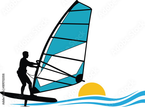 Silhouette of a windsurfer on a board with a blue sail against a sunset and ocean waves Keywords: windsurfing, windsurf, surfing