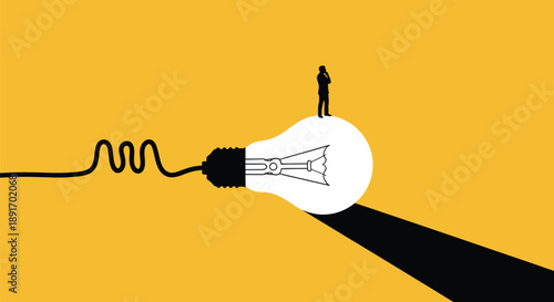 A small figure standing at the top of a glowing lightbulb symbolizing a breakthrough idea.