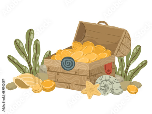 A cute character scene with a pirate octopus looking through a spyglass, a turtle, and a chest full of gold. Great for storybooks, children's stickers, and birthday invitations.