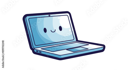 Cute Kawaii Laptop Computer with Smiling Face Illustration.