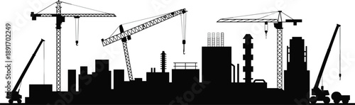 Silhouette of construction site with buildings and cranes on a white background Keywords: construction, building, industry