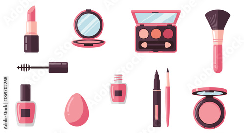 Collection of Makeup Products and Tools for Beauty Routine.