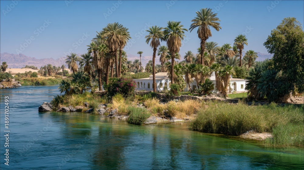 Fototapeta premium Scenic riverside oasis with lush palm trees and vibrant greenery in tranquil desert landscape.