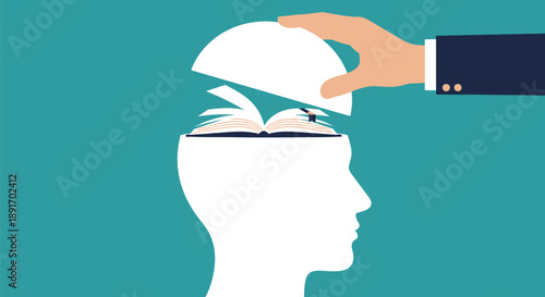 illustration of hand placing knowledge book into human head 