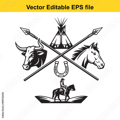  vector illustration of cowboy riding horse with western symbols