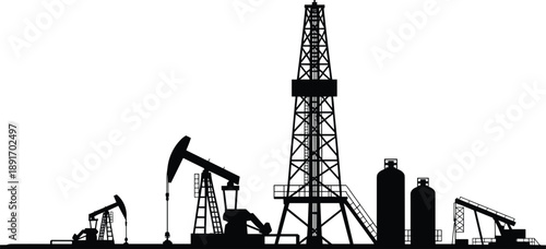 Silhouette of oil drilling rig and pump jacks on white background oil rig oil pump