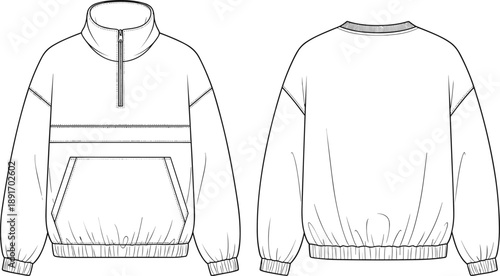 PrintTechnical fashion illustration of half zip pullover sweatshirt front and back view with kangaroo pocket and ribbed hem design