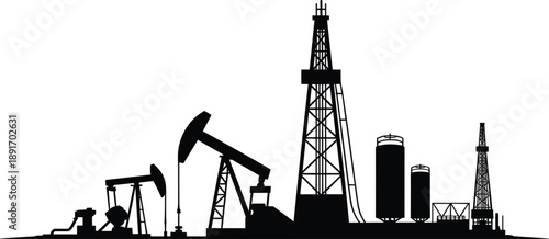 Silhouette of oil drilling rig and pump jacks with storage tanks industry