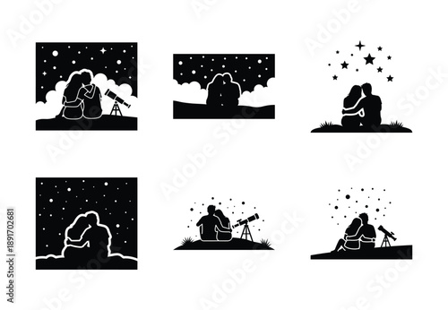 Collection of a black romantic stargazing vector icon set. valentines day silhouette icons.