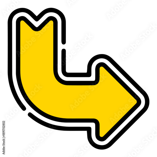 "Yellow Arrow Turning Down and Right, Direction and Growth Concept, Transparent Background"