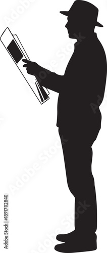 Man in hat reading newspaper standing in profile, side view, vector illustration, eps file 