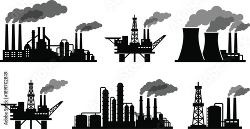 Six black and grey industrial factory and oil rig silhouettes with smoke on white background Keywords: factory, industrial