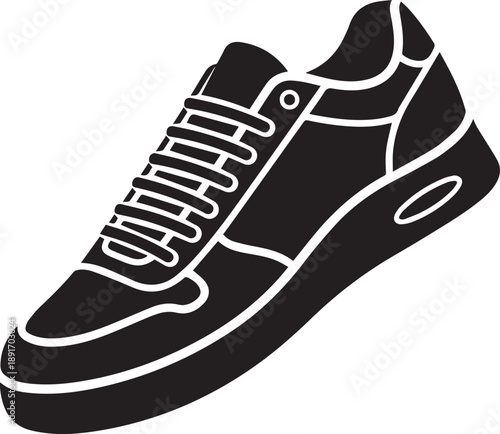 Black athletic shoe illustration viewed from side, showcasing modern design and sleek lines, eps file reference 