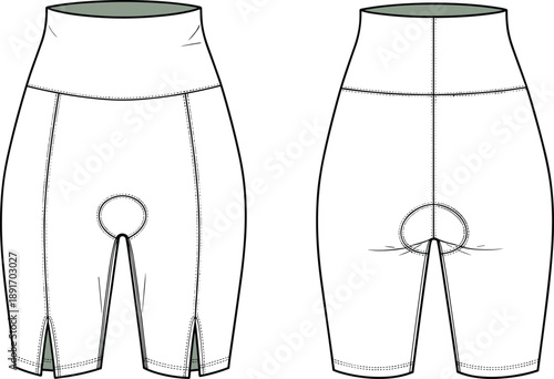 PrintTechnical flat fashion vector illustration of women’s high-waisted cycling shorts with padded chamois, wide waistband, contour stitching and performance wear design reference for athletic apparel