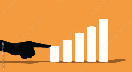 Silhouette hand pointing at increasing bar graph columns