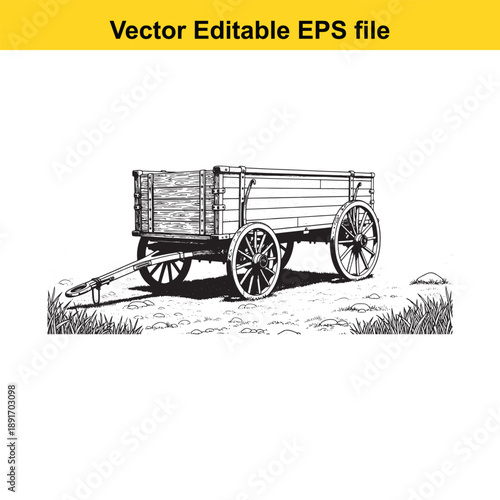  black and white illustration of a vintage wooden wagon on a dirt path