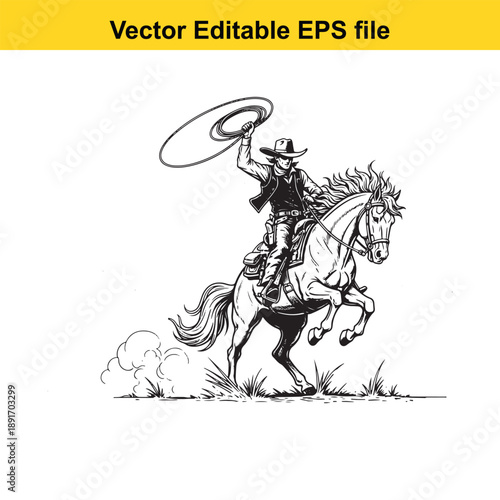  cowboy riding horse with lasso in hand in dynamic pose vector illustration