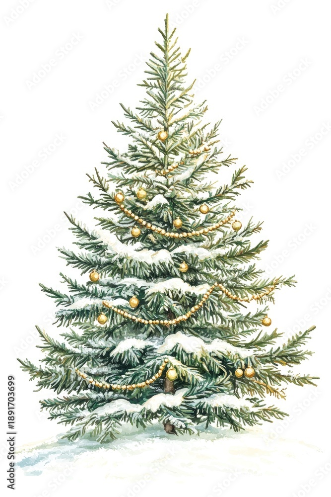 Fototapeta premium Festive holiday christmas tree adorned with golden ornaments and blanketed in snow