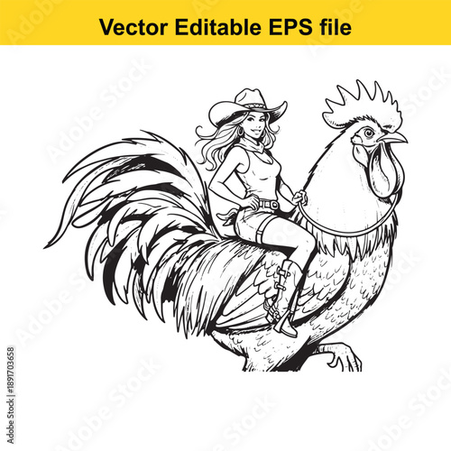  vector illustration of cowgirl riding rooster in editable eps format