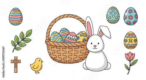 Easter bunny with basket of colorful eggs and springtime symbols