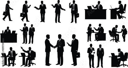 Black silhouettes of businessmen in various poses and actions businessmen, silhouettes, black, white background, office, work, professionals, suits, ties, briefcases, laptops, desks, chairs, shaking h