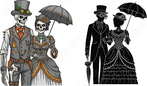 PrintVector illustration of skeleton couple in steampunk Victorian attire with detailed clothing and silhouette version, creative gothic fashion art concept for Halloween, fantasy and design themes