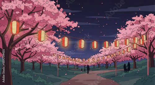 Vibrant pink cherry blossom trees line a serene pathway at dusk with hanging lanterns