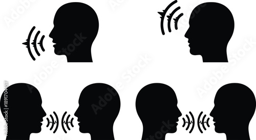 Black silhouette profiles of heads emitting sound waves and receiving sound waves