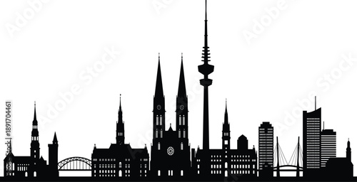 Black silhouette skyline of diverse buildings including churches towers and modern architecture