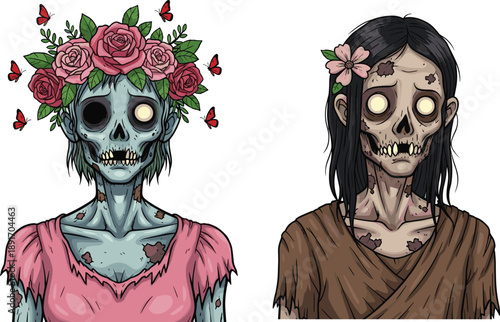 PrintVector illustration of two zombie women characters with decayed skin, glowing eyes, floral crown, butterflies and ragged clothing, creative horror art design for Halloween and fantasy concepts