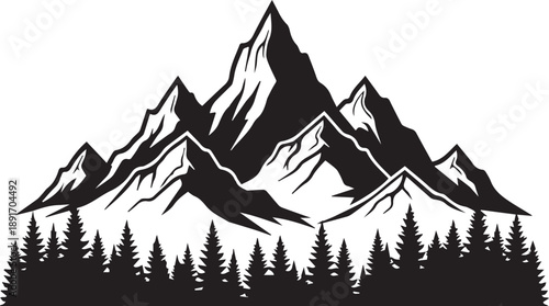 Majestic Mountain Landscape with Coniferous Trees, Peak Elevation, Forest Scene, Illustrative View, eps File Reference