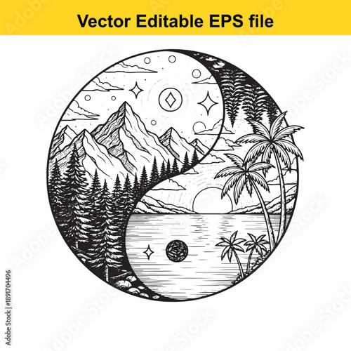  yin yang circle with mountain and palm tree landscape isolated on white background