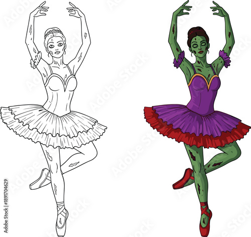 PrintVector illustration of zombie ballerina in graceful dance pose with tutu, ballet shoes and decayed features, creative horror fantasy art concept for Halloween and entertainment themes