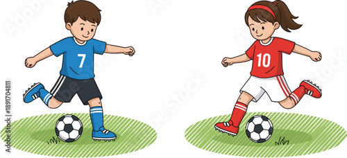 PrintVector, cartoon, illustration, of, a, young, boy, and, girl, playing, soccer, on, a, green, field, kicking, a, ball, for, sports, and, active, childhood, lifestyle, design