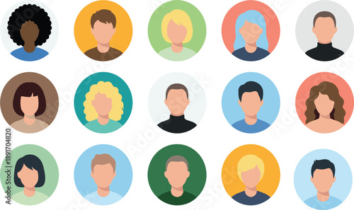 Fifteen diverse flat avatar of people in circles with colorful backgrounds diversity