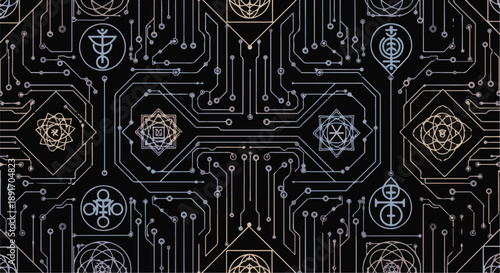 A complex digital circuit board pattern with electronic components and wires viewed from directly above in a technological environment