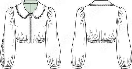 PrintVector, technical, flat, sketch, of, a, women, cropped, blouse, with, oversized, peter, pan, collar, scalloped, edges, zip, front, and, gathered, long, bishop, sleeves, design, details