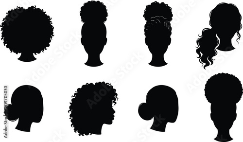 Collection of black silhouettes of diverse hairstyles and head shapes white