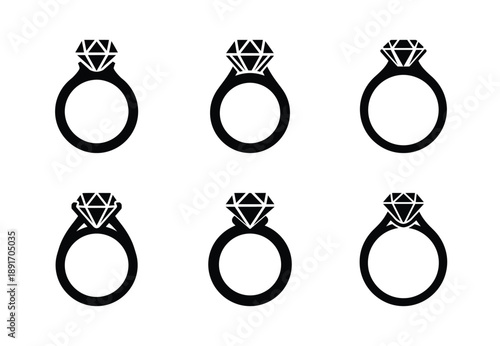 Collection of a black engagement ring vector icon set. valentines day silhouette icons.