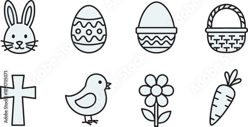Easter themed icons including bunny eggs basket cross chick flowers and carrot