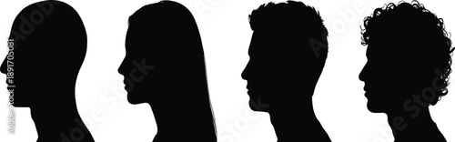 Four black head silhouettes profile view diverse hairstyles and genders white background